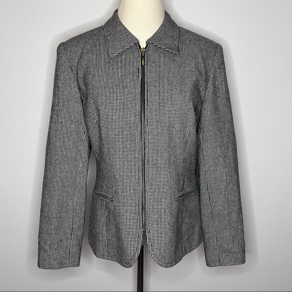 JOAN LESLIE Vintage Wool Mini Houndstooth Full Zip Blazer Jacket 10 Petite